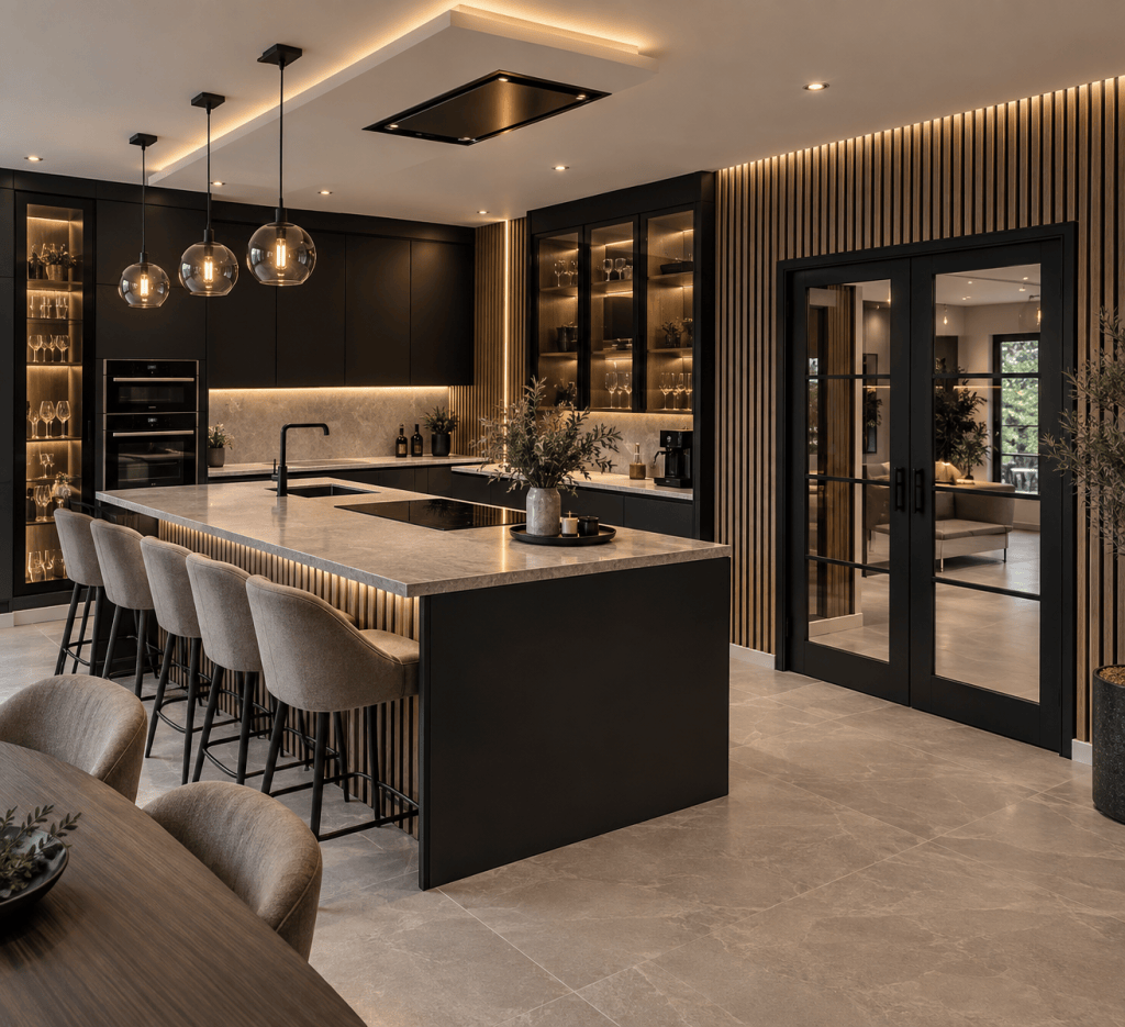 Fitted kitchen with island and stone worktop