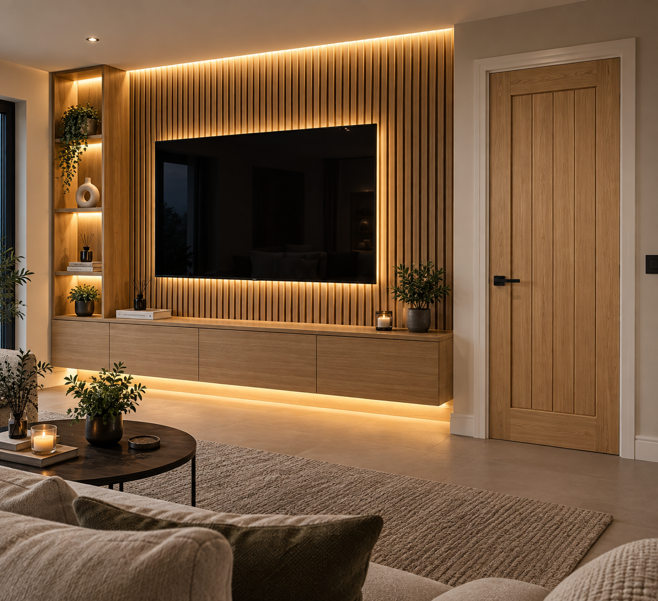 Oak slat media wall with warm LED lighting beside an oak internal door