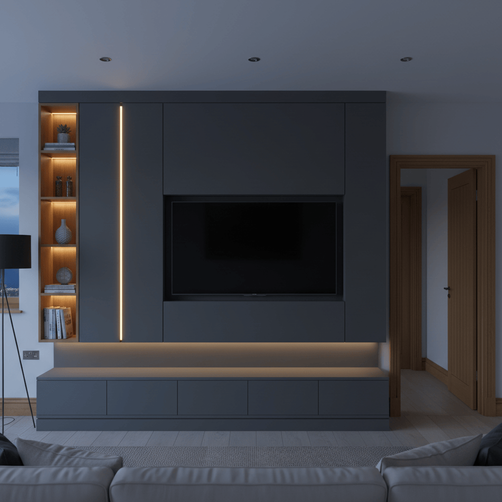 Built-in media wall with recessed television and shelving