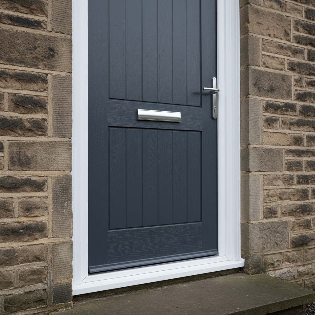 A detailed close-up of a premium composite front door installed in a traditional Darwen stone house, with perfectly fitted white uPVC architrave and robust matching skirting visible just inside the threshold. The textured grain of the door, brushed metal handle, and clean, straight seal lines are captured with photographic clarity. Soft overcast daylight creates even, diffused lighting that minimises harsh shadows and highlights the precision of the installation. Shot from a slightly low angle, the doorway fills the frame while the stonework and neatly finished step provide context. The atmosphere is dependable and professional, conveying durability, security, and expert fitting.