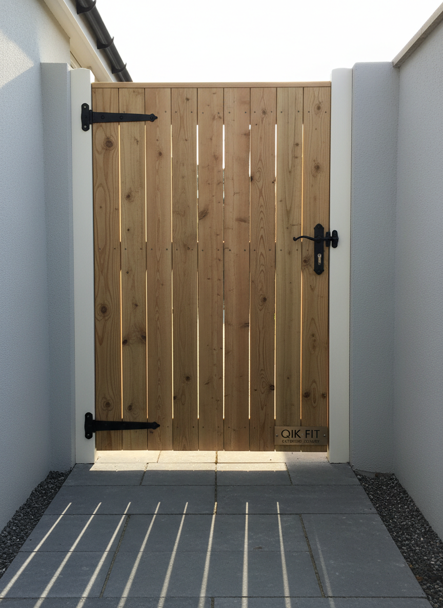 A secure, modern back garden entrance in a Darwen terrace, featuring a freshly installed timber back gate with vertical boards, heavy-duty hinges, and a sturdy latch, framed by smooth, painted external architrave-like edging. The gate’s natural wood grain contrasts with clean, pale-rendered walls and a neatly paved path leading up to it. Gentle late-morning daylight illuminates the scene, casting soft shadows on the ground and highlighting the even spacing between boards. Captured from a slightly off-centre angle with moderate depth of field, the photographic composition feels solid and professional, conveying privacy, durability, and the finishing quality that Qik Fit brings to exterior joinery work.