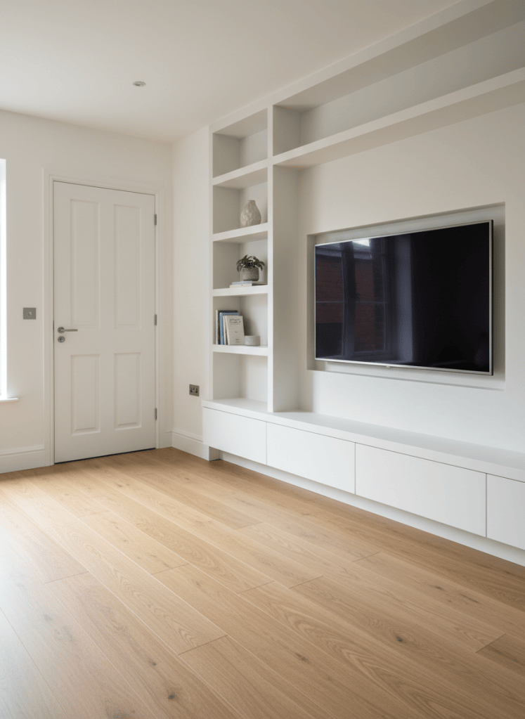 Living room with slatted wall panelling