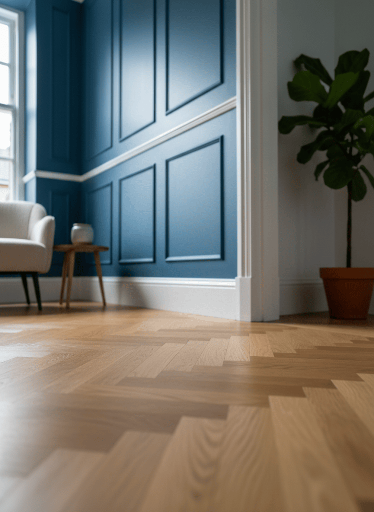 Herringbone flooring running to white skirting in a panelled room